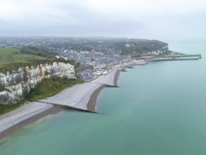 Aerial view of the Alabaster Coast in a light haze, Saint-Valery-en-Caux, Normandy, France, Europe