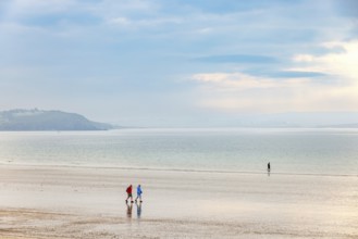 People walking on a sand beach in low tide by the sea a summer day with a view to the horizon,