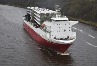 Ro-Ro Cargo ship, cargo ship Super Fast Levante travelling with rotor blades for wind turbines in