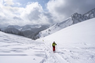 Ski tourers ascending the Taubenstein, Mangfallgebrige, Bavaria, Germany, Europe