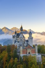 Neuschwanstein Castle in front of picturesque mountains and autumnal forests in the fog, Schwangau,