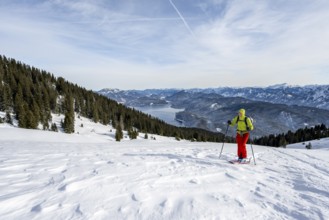 Ski tourers climbing Simetsberg, view of Walchensee, Estergebirge, Bavarian Prealps, Bavaria