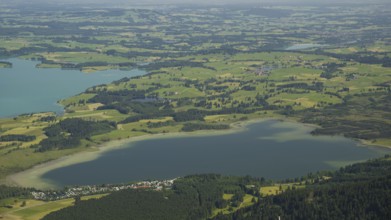 Panorama from the Tegelberg to the Bannwaldsee, Ostallgaeu, Allgaeu, Swabia, Bavaria, Germany,