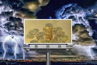 Symbolic image, Bitcoin on billboard, storm, questionable vision of the future, stock market