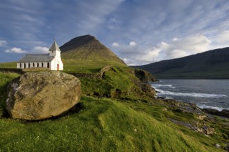 Small church by the sea in front of Malinsfjall mountain, Vidareidi, Vidoy island, Viðareiði, Viðoy