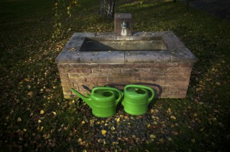 Watering cans, green, in front of fountain, main cemetery, autumn leaves lying on the ground,