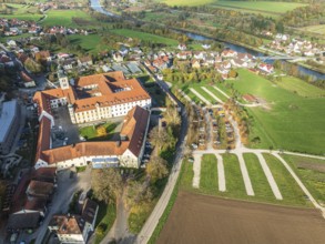 Aerial view of Plankstetten with Benedictine Abbey, Plankstetten, Berching, Bavaria, Germany,