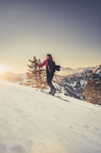 A woman's ski tour at sunrise on the Tegelberg in the Allgäu in the Ammergebirge, Bavaria, Germany,