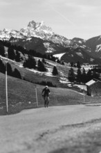 Road bike rider in spring in the Allgäu against the picturesque backdrop of the Alps, Bavaria,