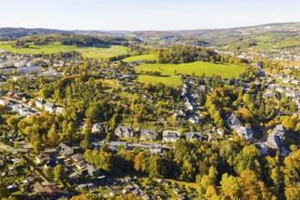 Aerial view of the Heide district in autumn, Schwarzenberg in the Ore Mountains, Saxony, Germany,