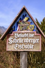 Hiking trail signs, ice cave, Schellenberg ice cave, Marktschellenberg, Berchtesgaden, Upper