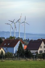 Zittau, Saxony, Germany, wind farm near Zittau, wind turbines behind a housing estate, Europe