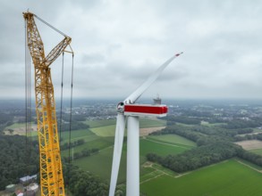 Dorsten, North Rhine-Westphalia, Germany, construction of a wind turbine. A large mobile crane