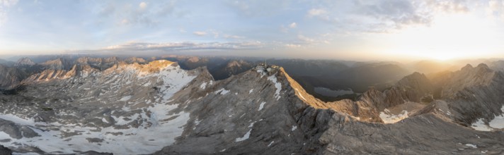 Sunrise, Alpine panorama, aerial view, Zugspitze and Zugspitzplatt with glacier, high mountains,