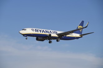 Lisbon, Portugal - September 2, 2023: Ryanair Boeing 737-8AS passenger plane landing in Humberto