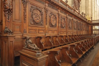 Wooden figure and reliefs on the choir stalls of the Gothic church Ste-Marie-Madelein, interior