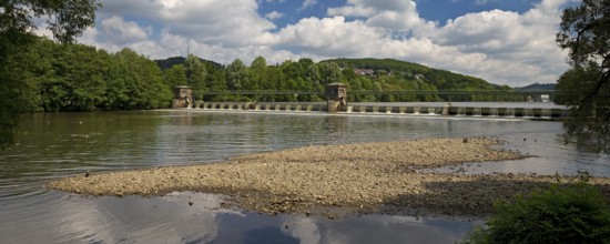 Barrage at the Stiftsmühle run-of-river power station, confluence of the Ruhr and Volme rivers,