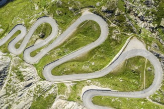 Historical road Tremola, mountain pass Sasso San Gotthardo, aerial view, Switzerland, Europe