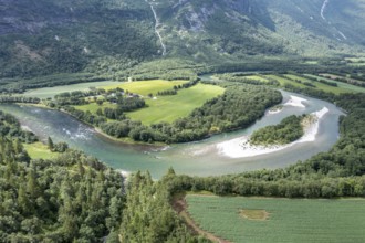 Aerial view of river Driva in the Sunndal valley, near village Sunndalsora, Norway, Europe