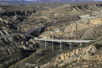 Motorway A7 road running through limestone desert, Paraje Natural de Karst en Yesos, Almeria,