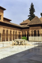 Arabesque Moorish architecture, courtyard with lion fountain, Nasrid palaces, Alhambra, Granada,