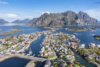 Aerial view over fishing village Henningsvaer, Lofoten, Norway, Europe