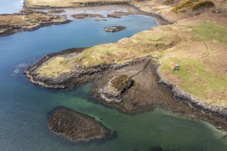 Bothy hut, coastline of island Ulva, west of Isle of Mull, aerial view, Scotland, UK