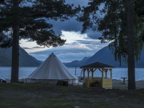 Large luxury tent, campsite Sandviken at lake Tinnsja east of Rjukan, Telemark, Norway, Europe