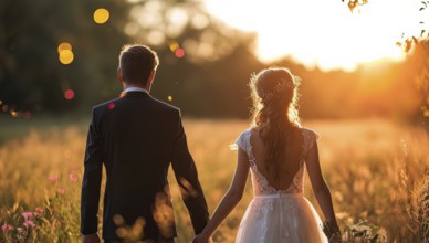 Affectionate romantic couple hugging at sunset during honeymoon in wedding dress, AI generated