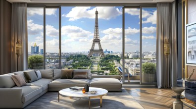 A large, modern living room with a large window overlooking the Eiffel Tower in Paris, AI generated