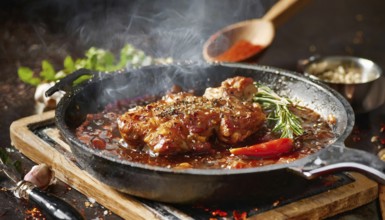 A person is cooking chicken in a pan on a stove. The pan is filled with a red sauce and the chicken