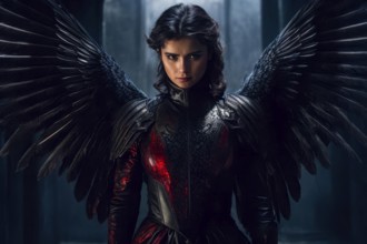 A woman in a black and red costume with wings on her back, AI generated