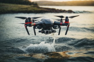 A drone is flying over a body of water. The water is calm and the sky is clear, AI generated