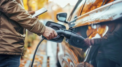 A man is charging his electric car, AI generated