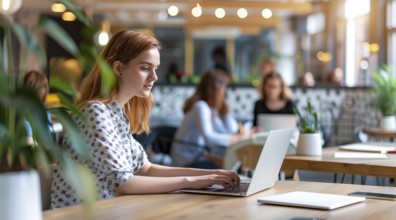 A business woman is sitting at a table with a laptop in front of her working remotely with the team