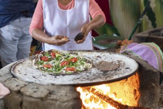 Santa María del Tule, Oaxaca, Mexico, A worker at the Restaurant Familiar Reynita cooks on a comal