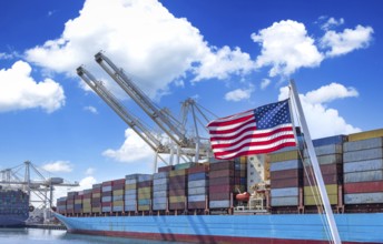 International container cargo and freight ships docked in Seattle port terminals