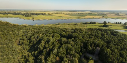 Aerial view of viewpoint Höhbeck near Elbe river, wooden tower south of village Lenzen, Germany,