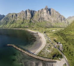 Aerial view of campsite at beach Ersfjordstranden, fjord Ersfjord, golden restroom, Senja island,