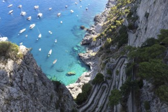 Italy, scenic views of Capri Island and faraglioni from Augustus Gardens, Europe