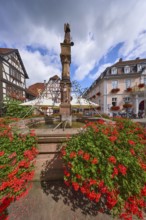 Market fountain with geraniums on the market square in Michelstadt, Odenwald, Odenwaldkreis, Hesse,