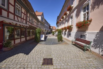 Pedestrian zone Große Gasse with half-timbered houses, shops, bench and facade with flower boxes in