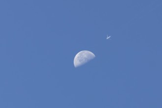 Airbus jet passenger aircraft flying in a blue sky passing by the moon, England, United Kingdom,