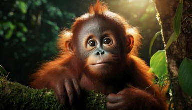 Cute little orangutan baby in dark rainforest looks curious, portrait, AI generated, AI generated