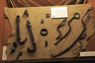 Display of iron implements at Iron Age museum, Andover, Hampshire, England, UK