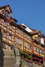 Meersburg on Lake Constance, old town, half-timbered house, facades, stairs, sunshades,