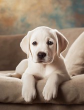 White Labrador Retriever (Canis lupus familiaris), cute puppy lying on sofa in living room, animal