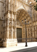 Detail of carved stonework of cathedral frontage showing statues of saints, Seville, Spain, Europe