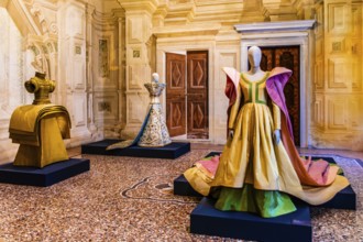 Exhibition of magnificent evening dress creations by fashion designer Roberto Capucci, 17th century