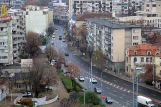 View over road traffic in the historic centre of Plovdiv, Bulgaria, Europe